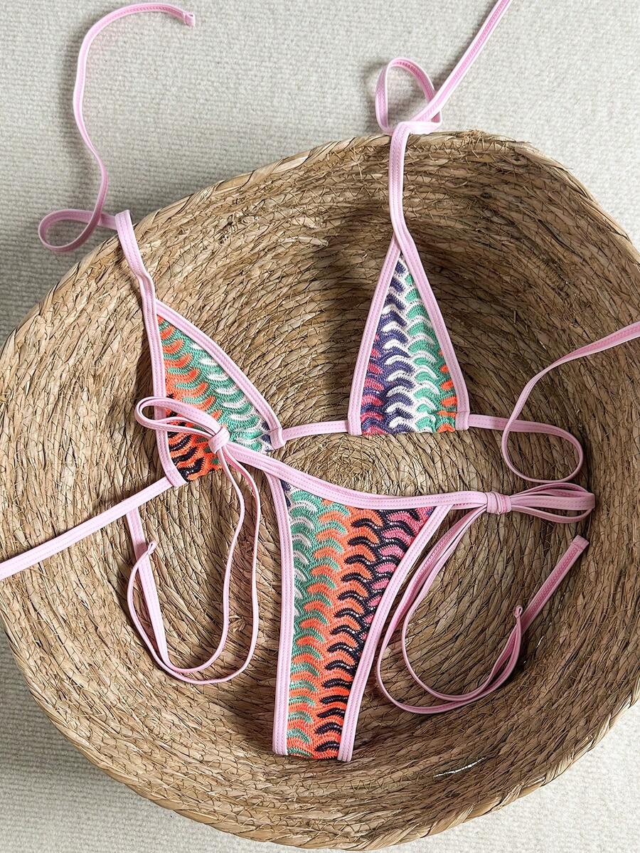 Swim Vcay Bộ đồ bơi 2 mảnh SXY vải vân nổi, áo bikini tam giác cổ yếm và quần thong buộc dây bên hông, đồ bơi gợi cảm, mùa xuân/mùa hè - Nhiều màu - Xem 1