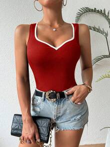 Chiquease Contrast Color Heart Collar Sleeveless Fitted Tank Top - Red - View 3