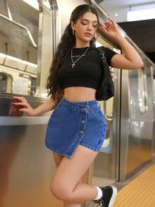 SHEIN ICON 大码女式春季不对称性感牛仔短裙，节日穿搭 - 中等水洗藍 - 查看 4