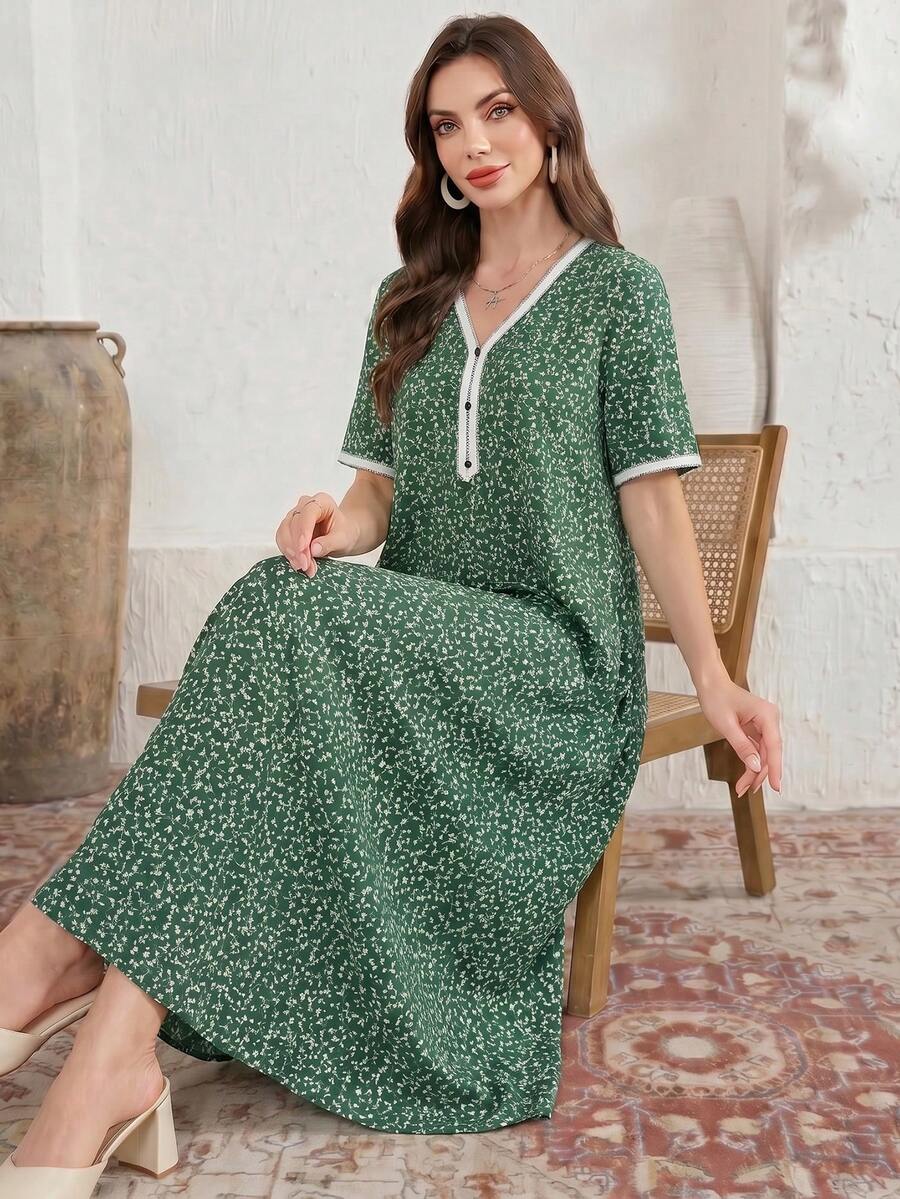 Al Najma 优雅别致的撞色拼接阿拉伯女式连衣裙,阿拉伯连衣裙 - 墨綠色 - 查看 1