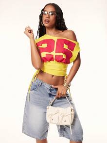 Denimoi Women's Casual Asymmetric Neckline Batwing Sleeve Cropped T-Shirt With Numeric Print, Sport Game, Streetwear - Yellow - View 2