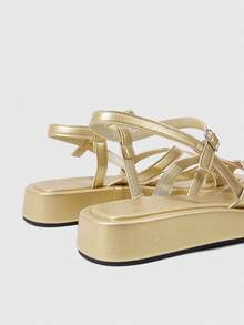 HighSole Women Shoes Spring And Summer New Multi-Belt Cross Back Buckle Design Open Thick Sole Simple Versatile Style Gold Sandals Daily Commuting Shopping Wear - Light gold - View 4