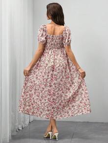 SHEIN Floral Print Maternity Dress With Short Sleeves Holiday Vacation Beige Summer Boho - Pink - View 2
