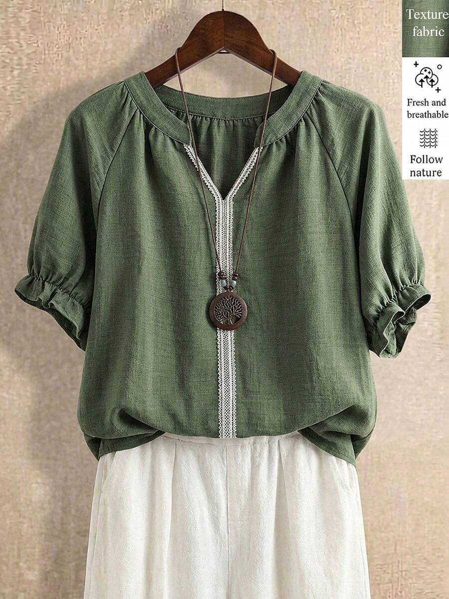 Franclia Women's Army Green Summer Boho Casual Vacation Shirts,Lace-Trimmed V-Neck Short-Sleeved Tops,Loose Textured Blouse,Elegant Commuter Ladies Clothes - Green - View 1