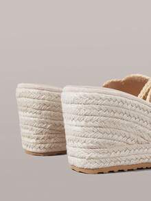 Styleloop Giày nữ, màu nâu nhạt, giày rơm đan rỗng bằng dây gai dầu, dép đế xuồng, giày bohemian giúp tăng chiều cao cho kỳ nghỉ. - Màu be - Xem 6