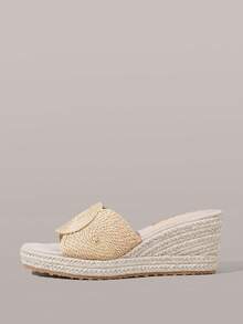 Styleloop Giày nữ, màu nâu nhạt, giày rơm đan rỗng bằng dây gai dầu, dép đế xuồng, giày bohemian giúp tăng chiều cao cho kỳ nghỉ. - Màu be - Xem 10