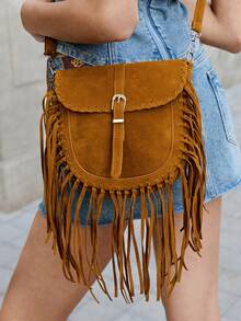 Viva Strut Ladies, Women Crossbody Bags, Tassels, Tassel Bag, Suede, Suede Bag, Fashionable, Personalized, Simple, Versatile, Street, Sweet And Cool Girls, Hot Girls,Y2k, Retro, Rivets, Vintage, Bohemian Style, For Daily, Beach, Vacation, Holiday, Summer, Seaside, Beach Party, Music Festival - Brown - View 1