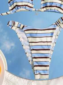 Swim Mod 2pcs/Set Women's Beach Vacation Outfit, Blue Striped Stars Halter Backless Tie Top Ruched Bikini Bottoms, Summer Y2k Tropical Holiday Pool Party - Multicolor - View 6