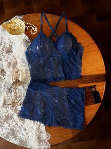 SHEIN 2 piezas Conjunto de lencería romántica con cordón para tallas grandes - Azul Marino - Ver 7