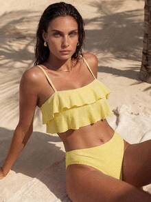Swim Chiccia Conjunto de bikini de mujer con volantes y rayas para playa de verano - Amarillo - Ver 2