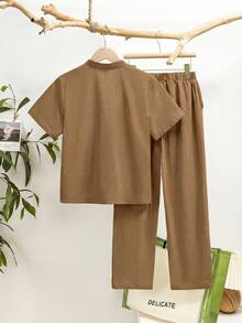 SHEIN 2pcs/Set Tween BoyLoose Casual Stand Collar Woven Solid Color Short Sleeve Shirt And Pants Set - Khaki - View 2
