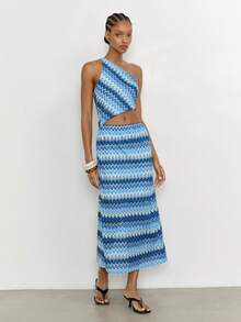 Maija Women's Striped Asymmetric Shoulder Cutout Sleeveless Dress - Blue - View 5