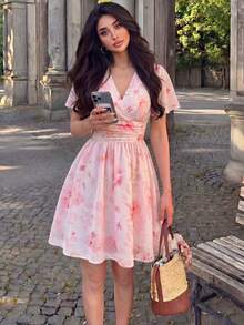 Modelyn V领优雅印花腰部褶皱拉链短袖喇叭裙摆女士迷你连衣裙 - 粉色 - 查看 8