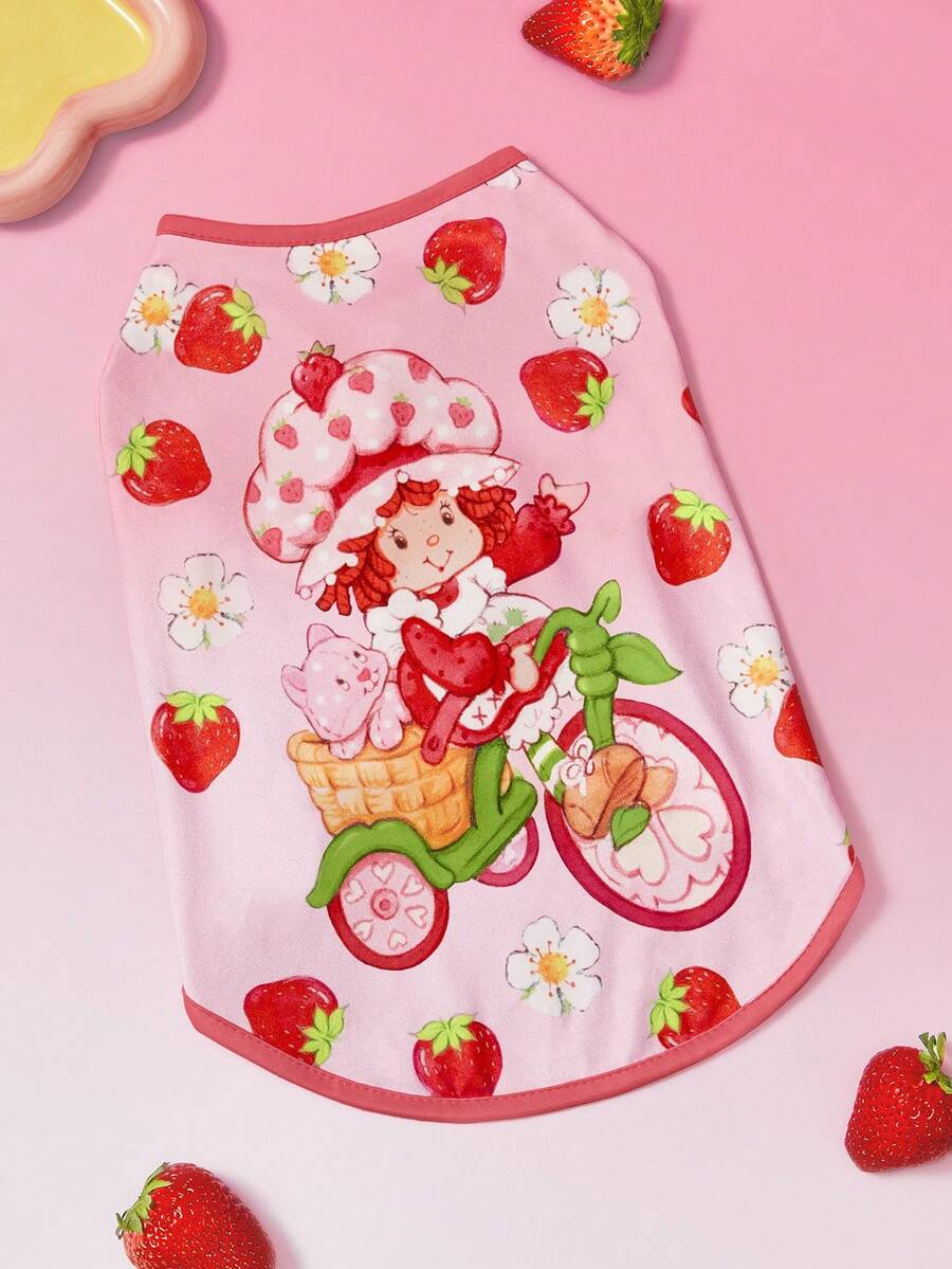 Strawberry Shortcake X SHEIN 1件卡通图案印花宠物背心,猫咪衣服,狗狗衣服,尺码 XXS-XXXXXL,特小号,特大号,乡村风情,草莓,甜美 - 紅色 - 查看 1