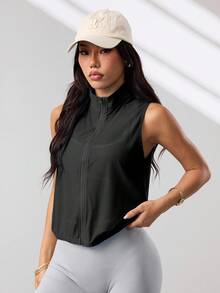 Dewbera Dewbera Plain Stand Collar Sleeveless Zip-Up Casual Loose Sports Jacket - Black - View 5