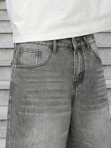 Manfinity EMRG Celana Pendek Denim Pria Model Longgar Lebar Kasual Serbaguna Warna Abu-abu - Light Grey - View 8