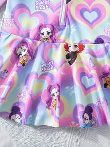 SHEIN 少女爱心印花拉链长袖连体泳衣，适合夏季度假 - 紫色 - 查看 9
