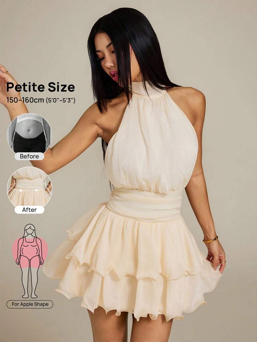 SHEIN PETITE 女士时尚百搭褶皱露背荷叶边下摆连衣裙 - 米色 - 查看 1