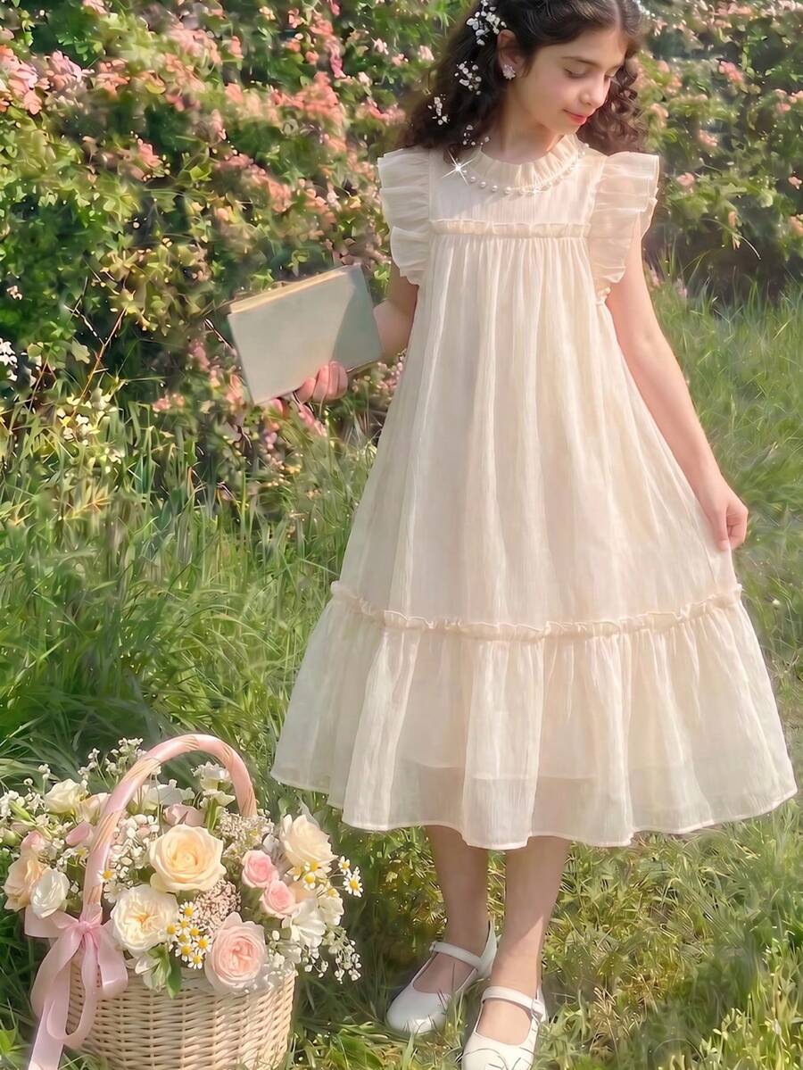 SHEIN 女童夏季新款珍珠裝飾蕾絲網紗無袖圓領公主風澎澎裙 - 杏色 - 查看 1