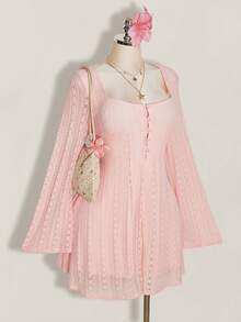 SHEIN ICON 大尺碼方領性感軟挺可愛仙女風 Y2K 收腰 A 字洋裝 波希米亞度假風 秋季婚禮賓客早午餐 嬰兒粉 - 粉色 - 查看 4