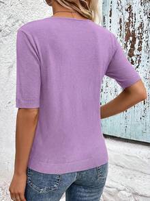 SHEIN Clasi Women's Casual V-Neck Short Sleeve Knit Top, Solid Color, Versatile For Vacation, Daily Commute - Dusty Purple - View 2
