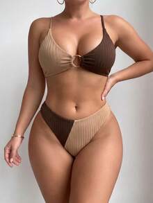 Swim Chiccia 大尺碼女款對比色三角杯比基尼泳衣，修身且有支撐力，適合溫泉、海灘、度假 - 彩色 - 查看 1