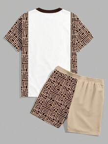 Sorvial 2pcs/Set Men's Casual Geometric Color Block Patchwork Print T-Shirt Set, Holiday - White - View 2