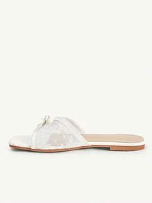 CUCCOO CHICEST Damenschuhe Damen Neue Sommer Quadratische Zehenkappe Flacher Boden Weiße Spitze Schleife Modische und elegante Damen Flache Sandalen Pantoffeln Geeignet für täglichen Arbeitsweg, Büro, Urlaub und andere Orte - 2025 Netto Weiß Nr. 2 - Übersicht 6