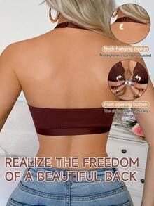 Elegant Sexy Front Closure Romantic Lace Patchwork Halter Bra - Coffee Brown - View 2