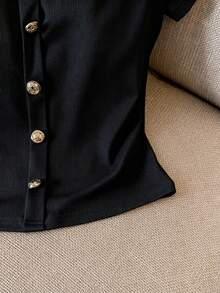 GlowEve White Ribbed Off-Shoulder Faux Placket Button Elegant Top For Women - Black - View 4