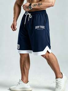 Gym Rark Men's Letter Print Striped Contrast Color Drawstring Waist Pocket Sports Shorts, Football - Navy Blue - View 4