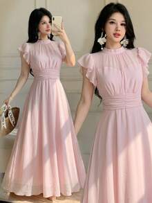Celisse Đầm midi voan xếp ly tay bồng, kiểu dáng cổ điển thanh lịch, thắt eo, chất liệu chiffon, thích hợp cho kỳ nghỉ và những chuyến đi nghỉ dưỡng trên đảo. - Màu Hồng baby - Xem 1