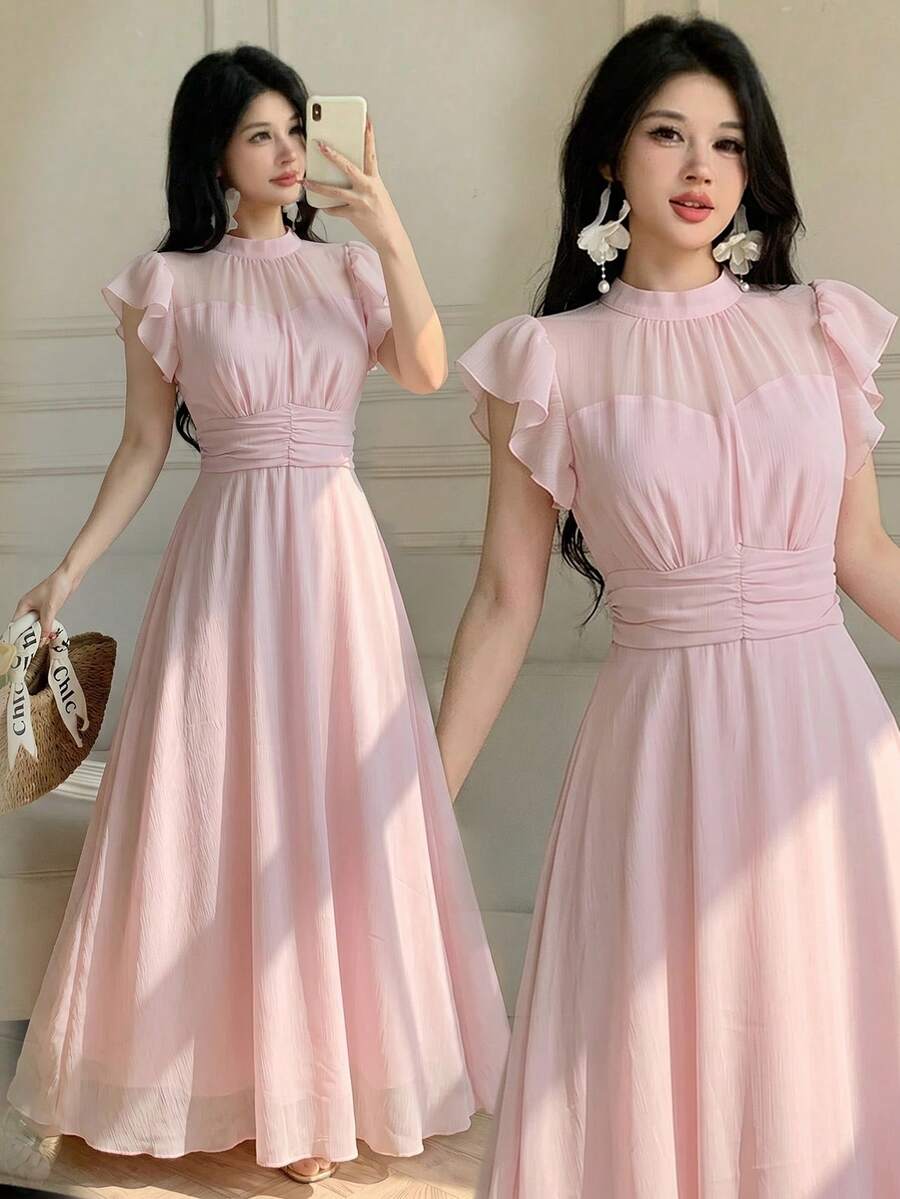Celisse Đầm midi voan xếp ly tay bồng, kiểu dáng cổ điển thanh lịch, thắt eo, chất liệu chiffon, thích hợp cho kỳ nghỉ và những chuyến đi nghỉ dưỡng trên đảo. - Màu Hồng baby - Xem 1