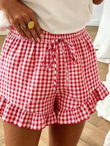 DrmWander Women's Casual Floral Plaid Print Ruffle Hem Loose Shorts, Suitable For Summer Holiday, Daily Commute - Multicolor - View 9