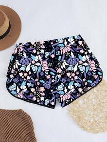 Swim Lushoire Celana Pendek Pantai Motif Bunga Ukuran Besar untuk Wanita, Cocok untuk Liburan - Hitam - View 6