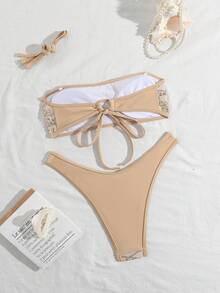 Costavie 2-Piece Floral Sequin Textured Bandeau Bikini Set, Sexy Swimwear For Women, Spring/Summer - Gold - View 10