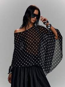 LYSMO 2026 New Minimalist Spring/Summer Women's Sheer Polka Dot Print Shawl Top, Sexy For Summer/ Summer Tops /Festival Outfits For Women / Festa Junina /Festa Junina Women's Clothing/Party Top/Beach Outfit For Women /Going Out Tops For Women /Casual Blouses For Women /Holiday Outfits For Women/Women's Country Clothing /Social Blouse /Polka Dot Top /Black Tops - Black and White - View 6