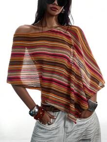 LYSMO Women's Off-Shoulder Loose Striped Vintage Hollow-Out Blouse, Fashionable For Summer - Multicolor - View 5