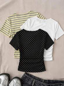 3pcs/Set Tween Girls' Casual Versatile White, Cream Striped, Black Polka Dot Round Neck Ruched Fitted Short Sleeve T-Shirts, Suitable For Daily Wear - Multicolor - View 2