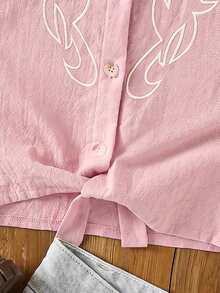 SHEIN Young Girls' Babypink Blouse With Western Totem Embroidery,Twist Tie Design,Fashionable Versatile,Summer Outings Social Events - Pink - View 5