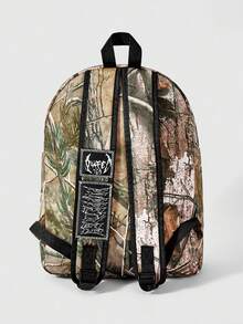 ROMWE 1Pc Dark Goth Style Leaf Camouflage Print Rivet Embroidered Cross Skull Head Letter Design Multi-Pocket Large-Capacity Backpack, Subculture Rock Unisex Backpack, Suitable For Commuting, School, Travel, Etc - Camouflage green - View 8