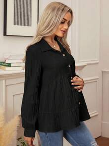 SHEIN 純色長袖荷葉邊休閒孕婦上衣 - 黑色 - 查看 3
