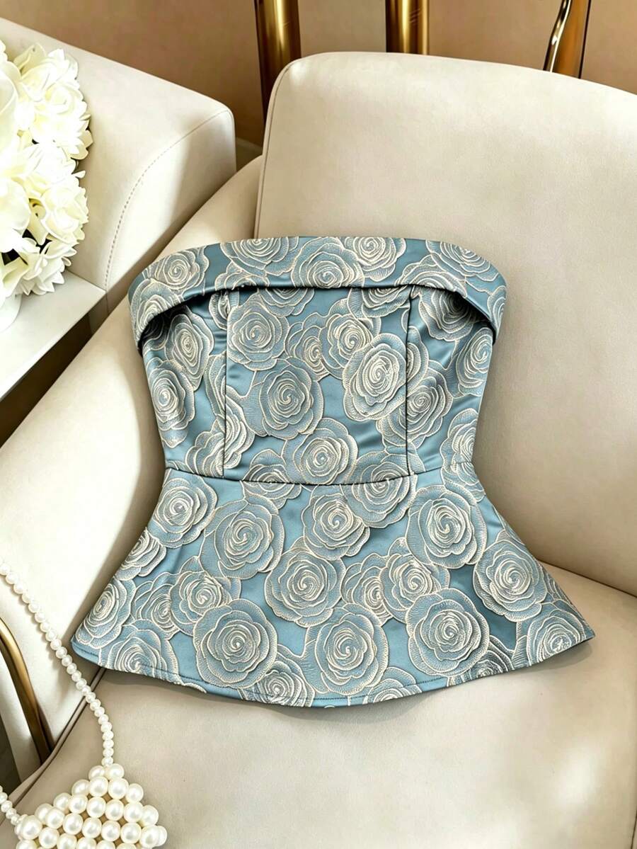 GlowEve 优雅提花面料收腰抹胸上衣,女士款 - 霧霾藍 - 查看 1