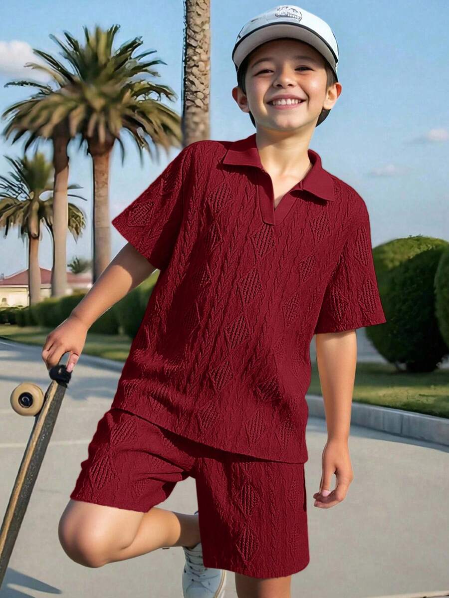 Setelan 2 Potong untuk Pesta, Gaya Liburan Musim Panas Kasual Warna Burgundy untuk Anak Laki-Laki Remaja, Kemeja Polo Berkerah & Resleting, Celana Pendek Bertekstur, - Burgundy - View 1