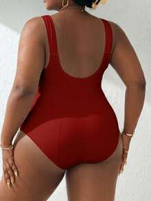 Swim Lushoire New Plus Size Women One-Piece Water Drop Decor Wide Strap Tummy Control High Waist Swimsuit, Beige - Red - View 2