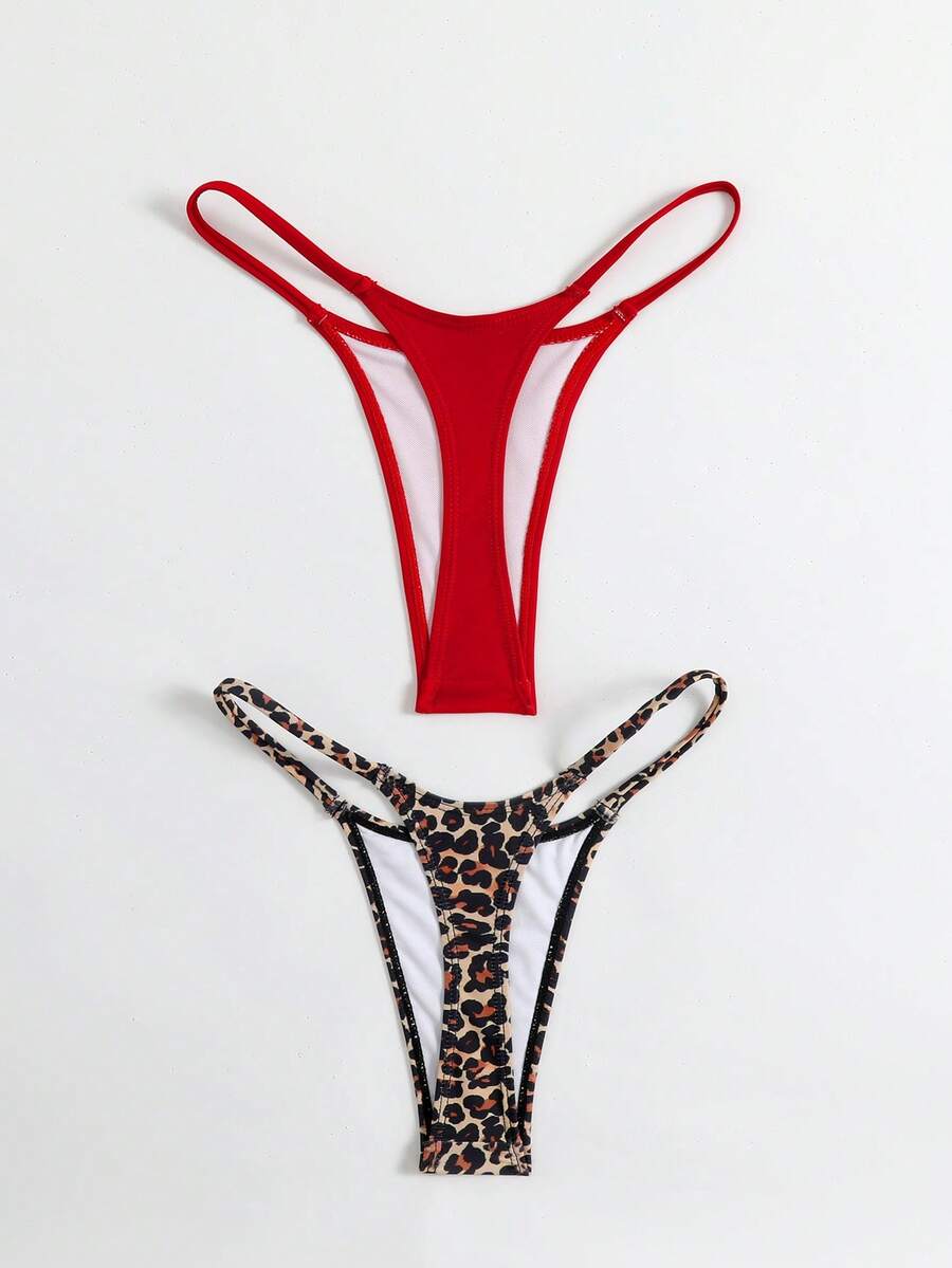Swim Vcay Back To School Women's Summer Red & Leopard Print 2-Piece Spaghetti Strap T-Shirt Swimwear Set - Multicolor - View 1