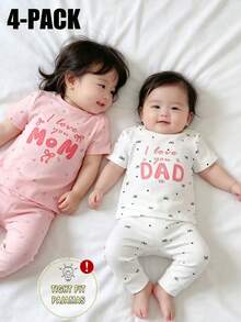 4件套女婴针织圆领短袖裤套装，白色和粉色蝴蝶碎花图案，可爱简约休闲舒适贴身睡衣，夏季 - 彩色 - 查看 3