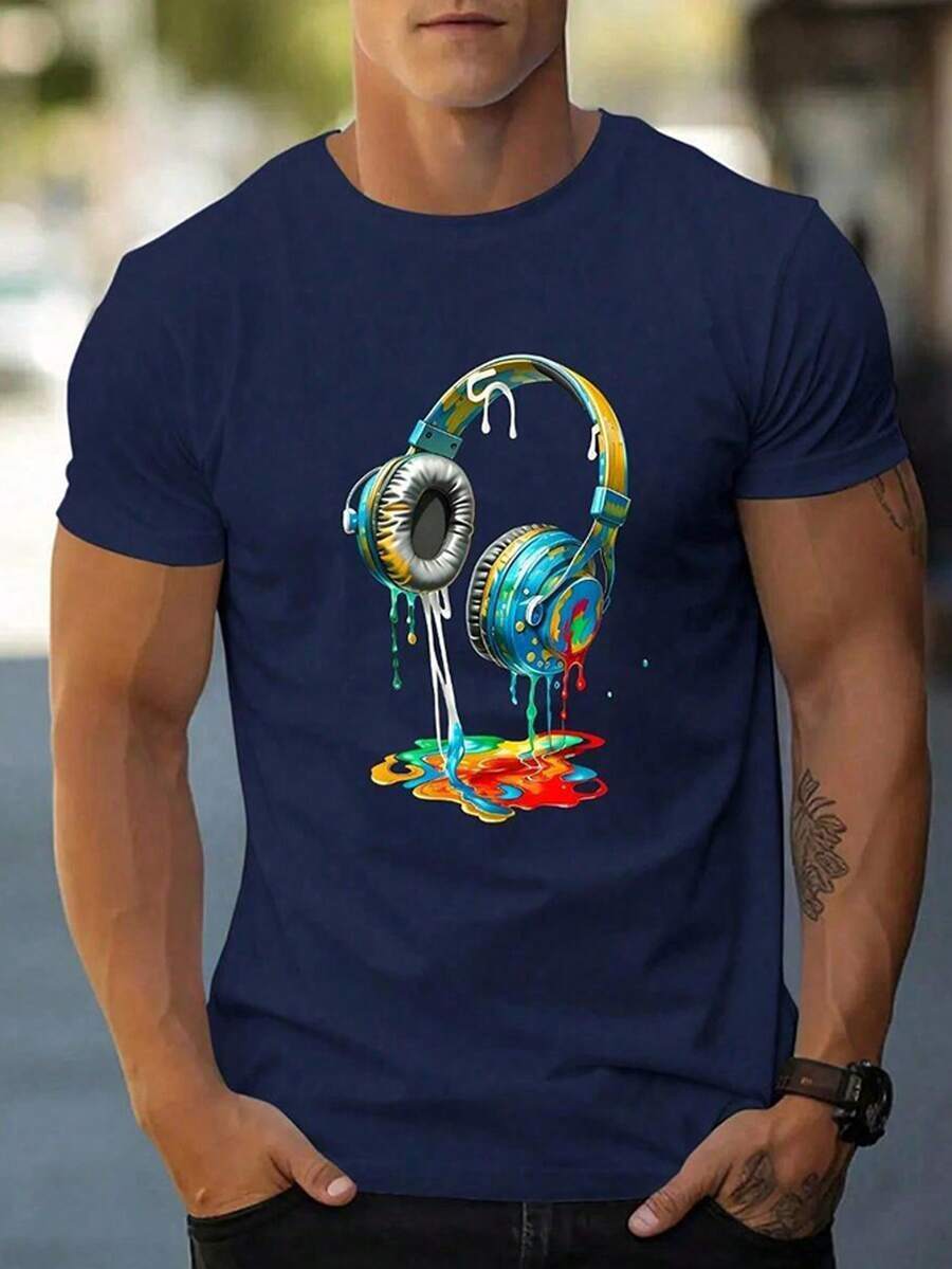 Manfinity Dauomo Men Casual Spring_Summer T-Shirt With Headphone Print - Navy Blue - View 1