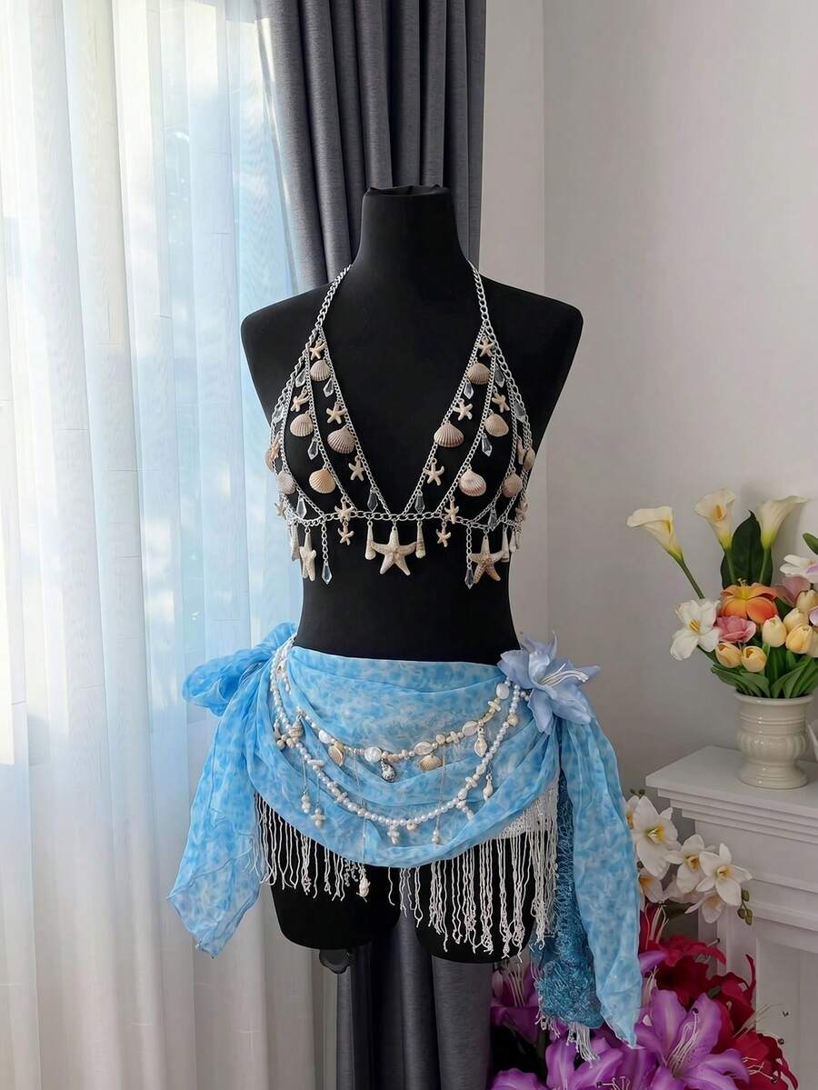 Bellisia Dây đeo trang trí cơ thể hình vỏ sò và sao biển, phong cách đại dương, thích hợp cho kỳ nghỉ, lễ hội âm nhạc trên bãi biển. - Bạc - Xem 1