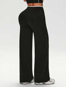 Dewbera Dewbera Women's Contrast Color Casual Straight Leg Fitness Workout Pants - Black and White - View 2